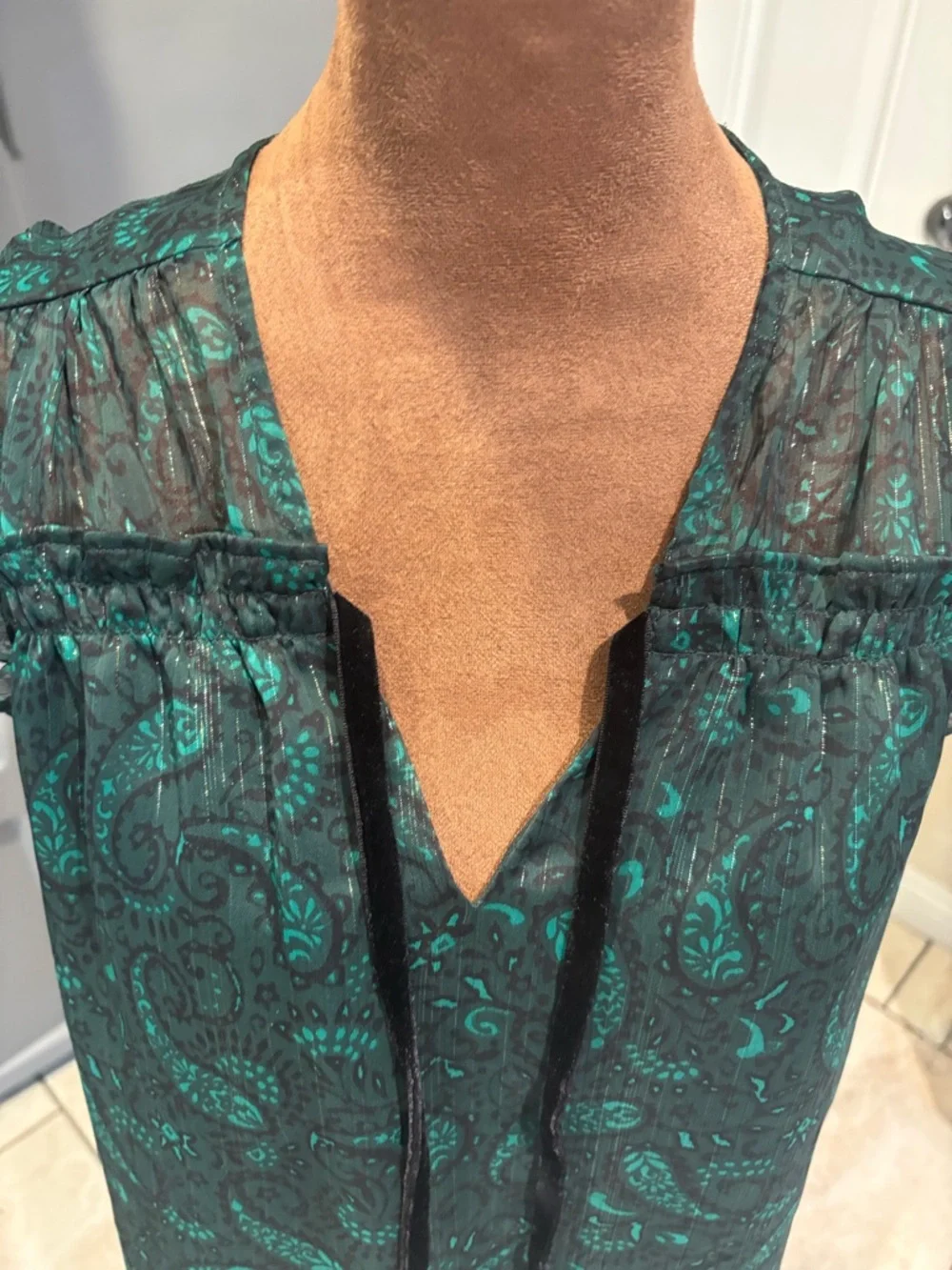 LOFT Teal Paisley Ruffle Tie-Neck Shell